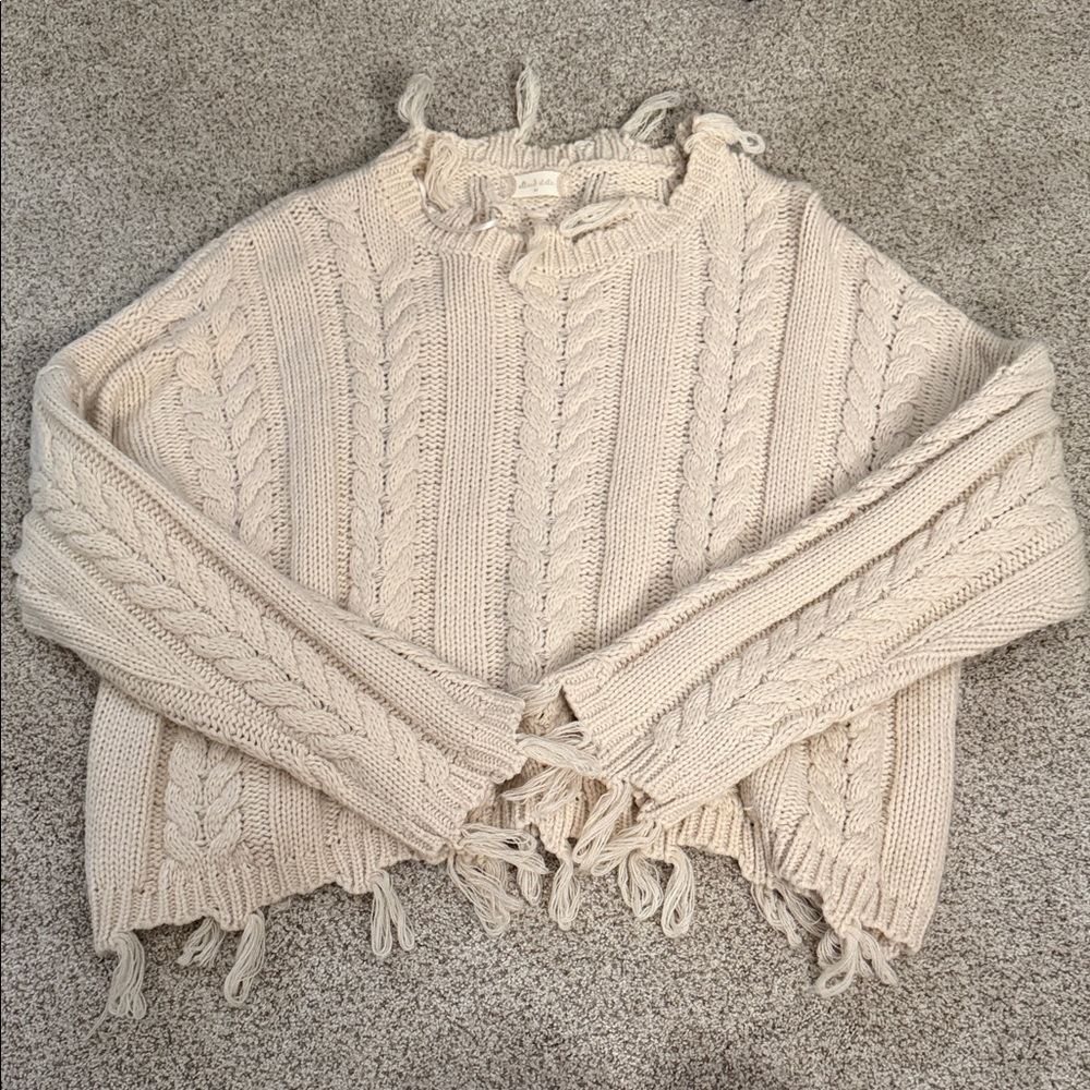 Altar'd State Cream Fringe Cable Knit Sweater